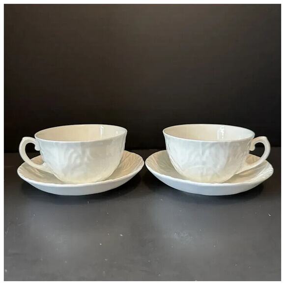 WEDGWOOD Countryware Flat Cup &Saucer Set of 2 All White Embossed Leaves No Trim - Picture 2 of 13
